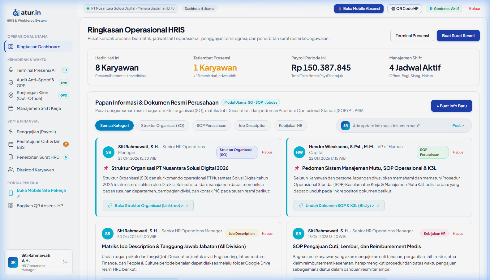 Dashboard Utama HRIS atur.in - Pusat Kendali Presensi & Penggajian Karyawan